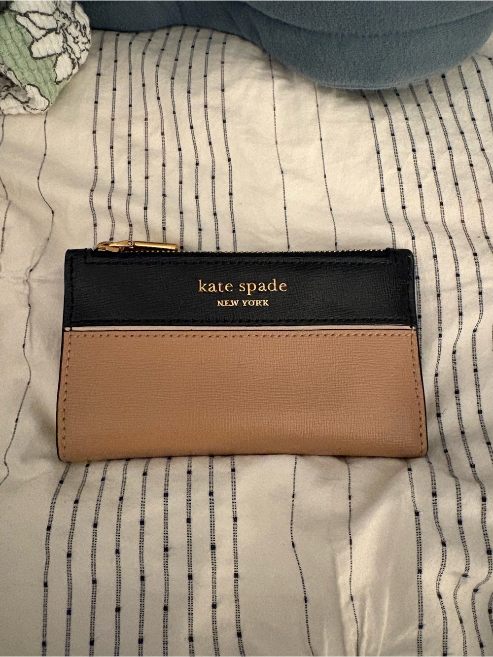 kate spade Black and Taupe Leather Slim Card Wallet